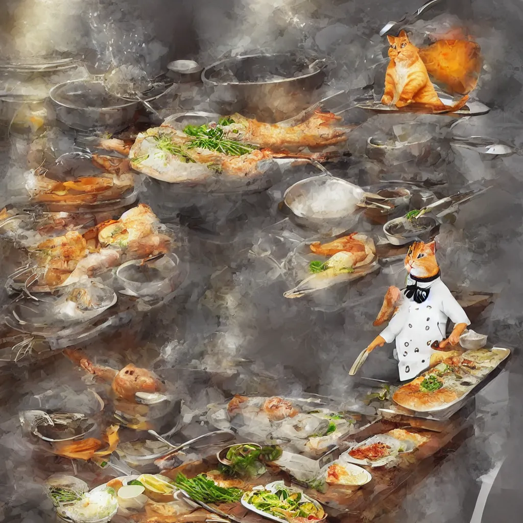 Image similar to “a cat chef named Alton Gray cooking a fish, high-definition, digital art, 8k”