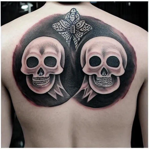 Image similar to yin-yang skull tattoo on a back of a man