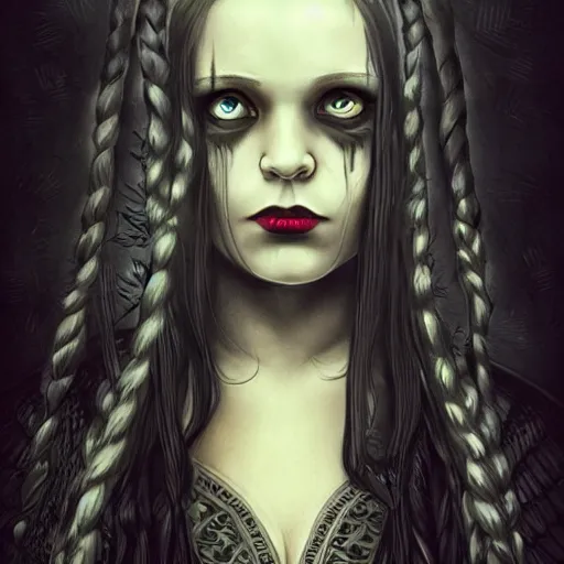 Image similar to Wednesday Addams casting dark magic, gothic art, subdued color, detailed, eerie, emotional, gothic, sad, agitated, highly detailed, incredibly sharp focus, Artstation, deviantart, artgem, insane detail, intense black line art, precision detail, golden ratio, in the style of Heavy Metal Comics
