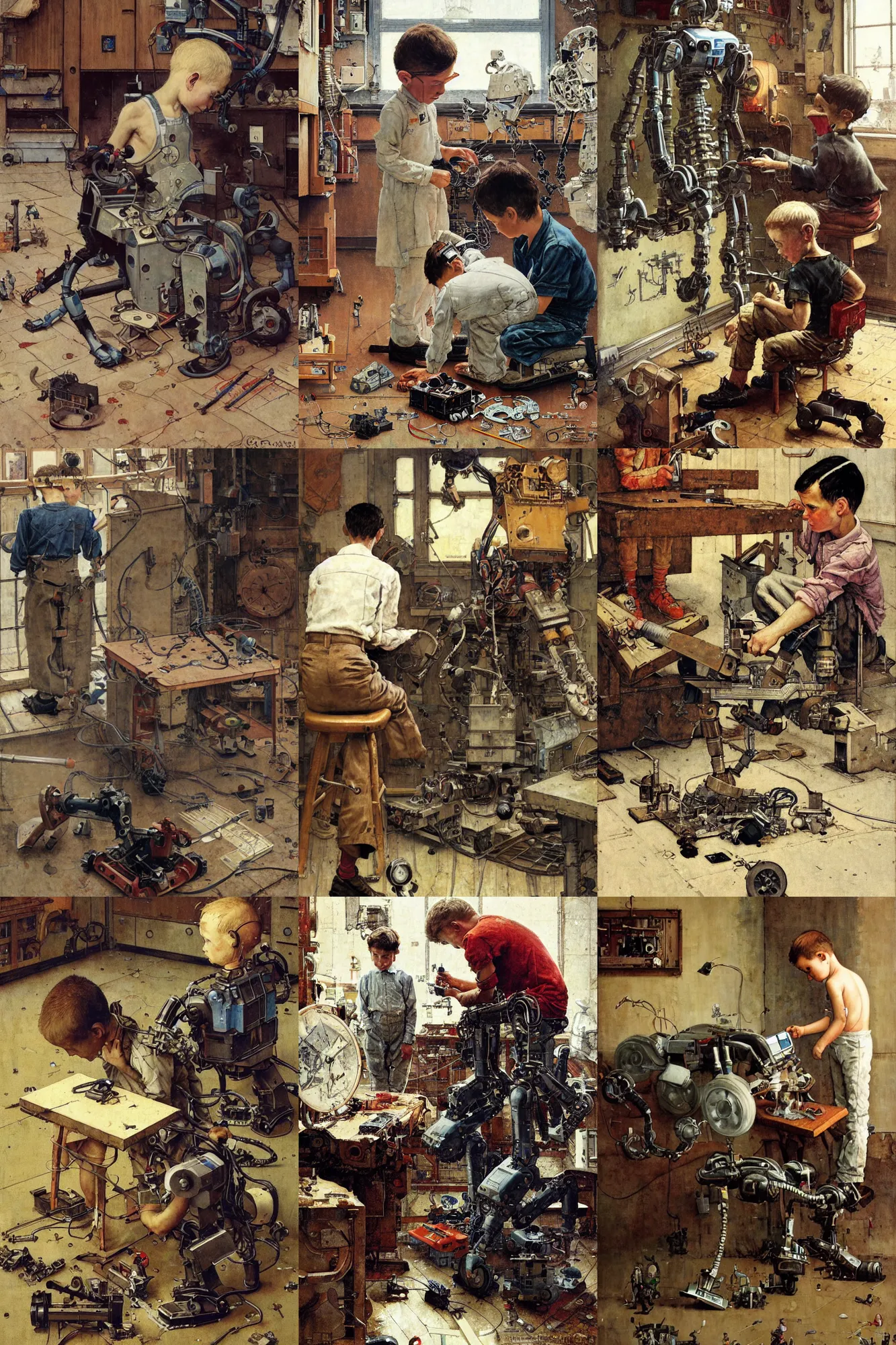 Prompt: a boy fixing his robot, part by Norman Rockwell, part by Greg Rutkowski , part by Mattias Adolfsson, oil on canvas