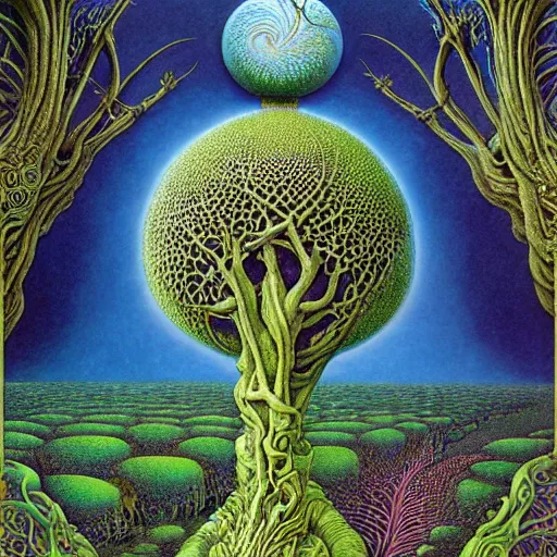 Image similar to sacred mulberry tree by roger dean and andrew ferez, art forms of nature by ernst haeckel, divine chaos engine, symbolist, visionary, art nouveau, botanical fractal structures, organic, detailed, realistic, surreality