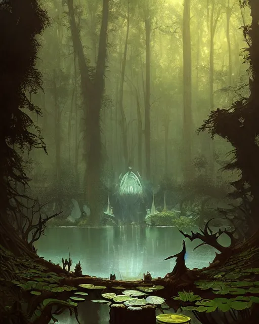 Prompt: a dark magical pond surrounded by a dense forest of enormous trees, deep focus, d & d, fantasy, intricate, elegant, highly detailed, digital painting, artstation, concept art, matte, sharp focus, illustration, hearthstone, art by greg rutkowski and alphonse mucha and andreas rocha