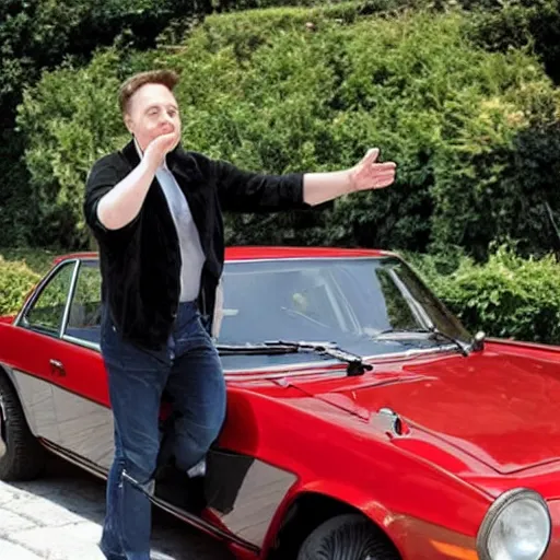 Image similar to close photo of elon musk waving from his lancia fulvia, award winning photograph