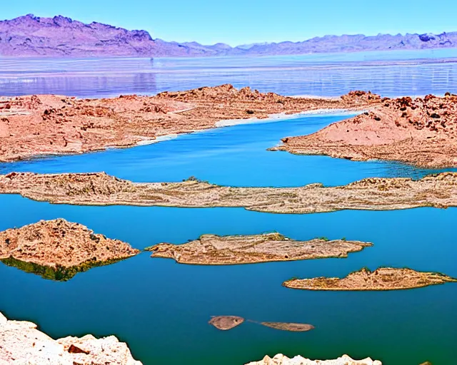 Image similar to there is a void made of teeth in lake havasu in the foreground with water reflections. my teeth are sharp. tourist trap.