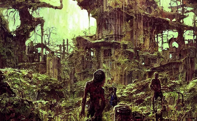 Image similar to abandoned alien building ruins overgrown with nature and zombies. highly detailed science fiction painting by norman rockwell, frank frazetta, and syd mead. rich colors, high contrast, gloomy atmosphere, dark background. trending on artstation