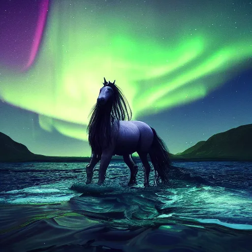 Image similar to beautiful waterhorse, northern lights, night ocean, fjords, moonlit, waves, octane render, artstation, HDR