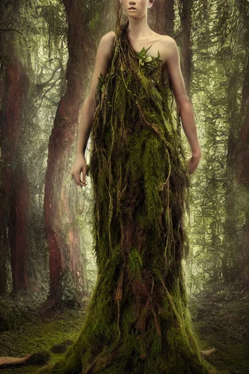 Image similar to hyper realistic self portrait of a dryad nature spirit, clothed in a gown made out of bark and moss, by laura zalenga, by alexander holllow fedosav, by aleksi briclot, 8 k dop dof hdr