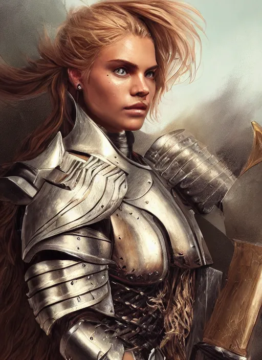 Image similar to portrait of model cara delevinge as a legendary knight warrior, au naturel, hyper detailed, digital art, trending in artstation, cinematic lighting, studio quality, smooth render, unreal engine 5 rendered, octane rendered, art style by klimt and nixeu and ian sprigger and wlop and krenz cushart.