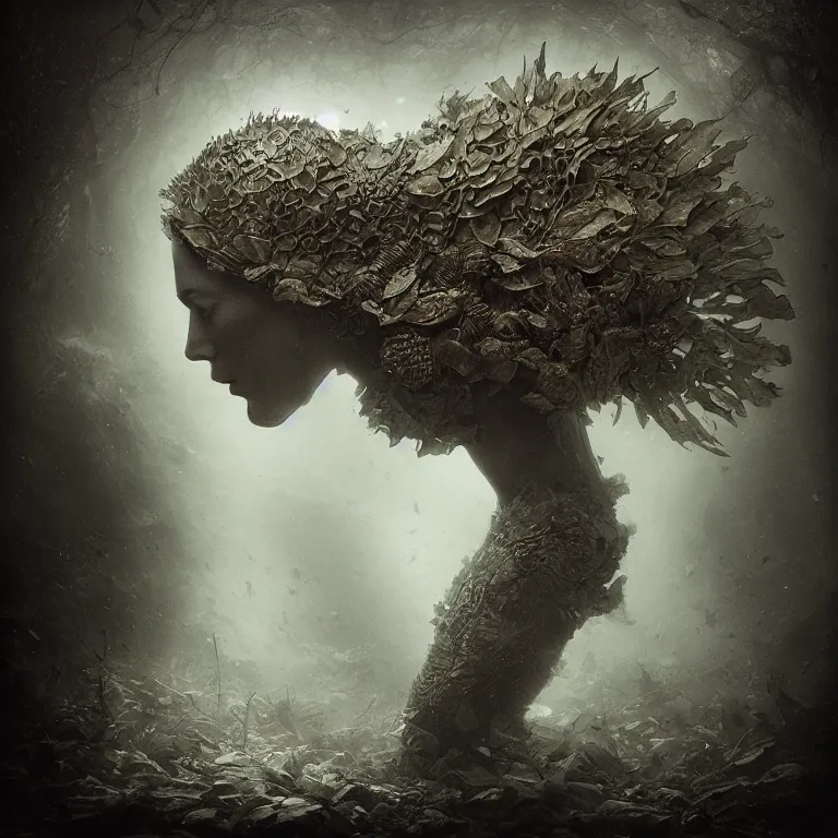 Prompt: powdery underwater old tintype photo, realistic armoured tree made of leaves, dramatic light, dystopian environment, intricate, elegant, highly detailed, centered headdress, artstation, sharp focus, artgerm, tomasz alen kopera, peter mohrbacher, donato giancola, boris vallejo, frank frazetta