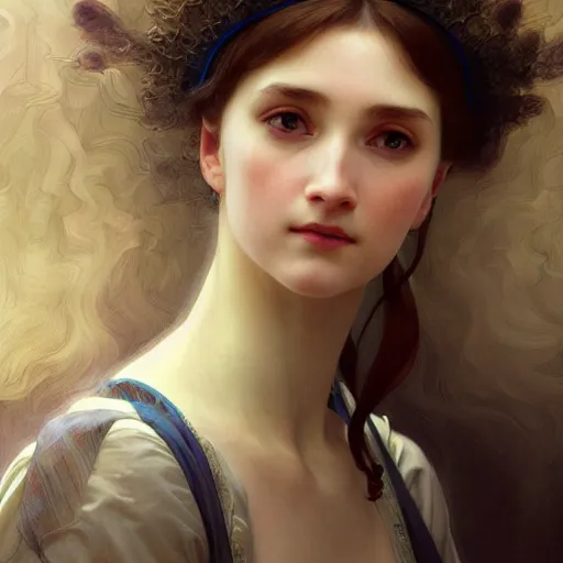 Image similar to Portrait of beautiful pale peasant girl, cinematic lighting, intricate, elegant, highly detailed, digital painting, artstation, smooth, sharp focus, illustration, art by artgerm and greg rutkowski and alphonse mucha and Wayne Barlowe and william-adolphe bouguereau