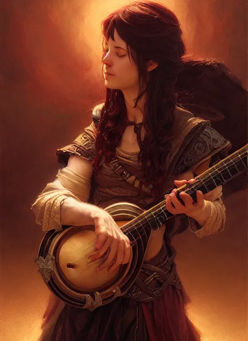 Prompt: bard playing lute, full body, hyper realistic, extremely detailed, dnd character art portrait, dark fantasy art, intricate fantasy painting, dramatic lighting, vivid colors, deviantart, artstation, by clyde caldwell and krenz cushart and artem demura and john williams waterhouse