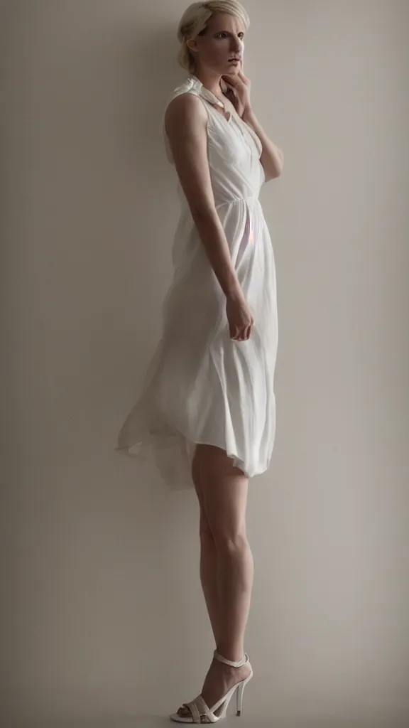 Image similar to emily skinner cosplaying annie leonhart wearing open toe heels and wearing a white dress in a white room looking up, beautiful face, pale skin, rule of thirds, cinematic lighting, rainy weather, melancholy atmosphere, sharp focus, backlit, stunning, smooth, hard focus, full body shot, studio photo, shot on sony a 7 iii, hyper realistic,