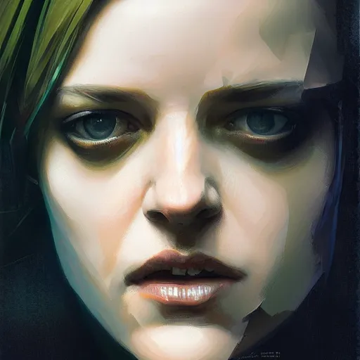 Image similar to elisabeth moss, hyperrealistic portrait, bladerunner street, art of elysium by jeremy mann and alphonse mucha, fantasy art, photo realistic, dynamic lighting, artstation, poster, volumetric lighting, very detailed face, 4 k, award winning