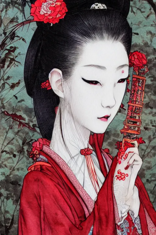 Prompt: watercolor painting of a japanese bjd geisha vampire queen with a long neck in a victorian lolita fashion red dress in the style of dark - fantasy painted by yoshitaka amano, takato yamamoto, ayami kojima, katsuhiro otomo, dmt art, symmetrical face portrait, intricate detail, artstation, artgerm, rococo!