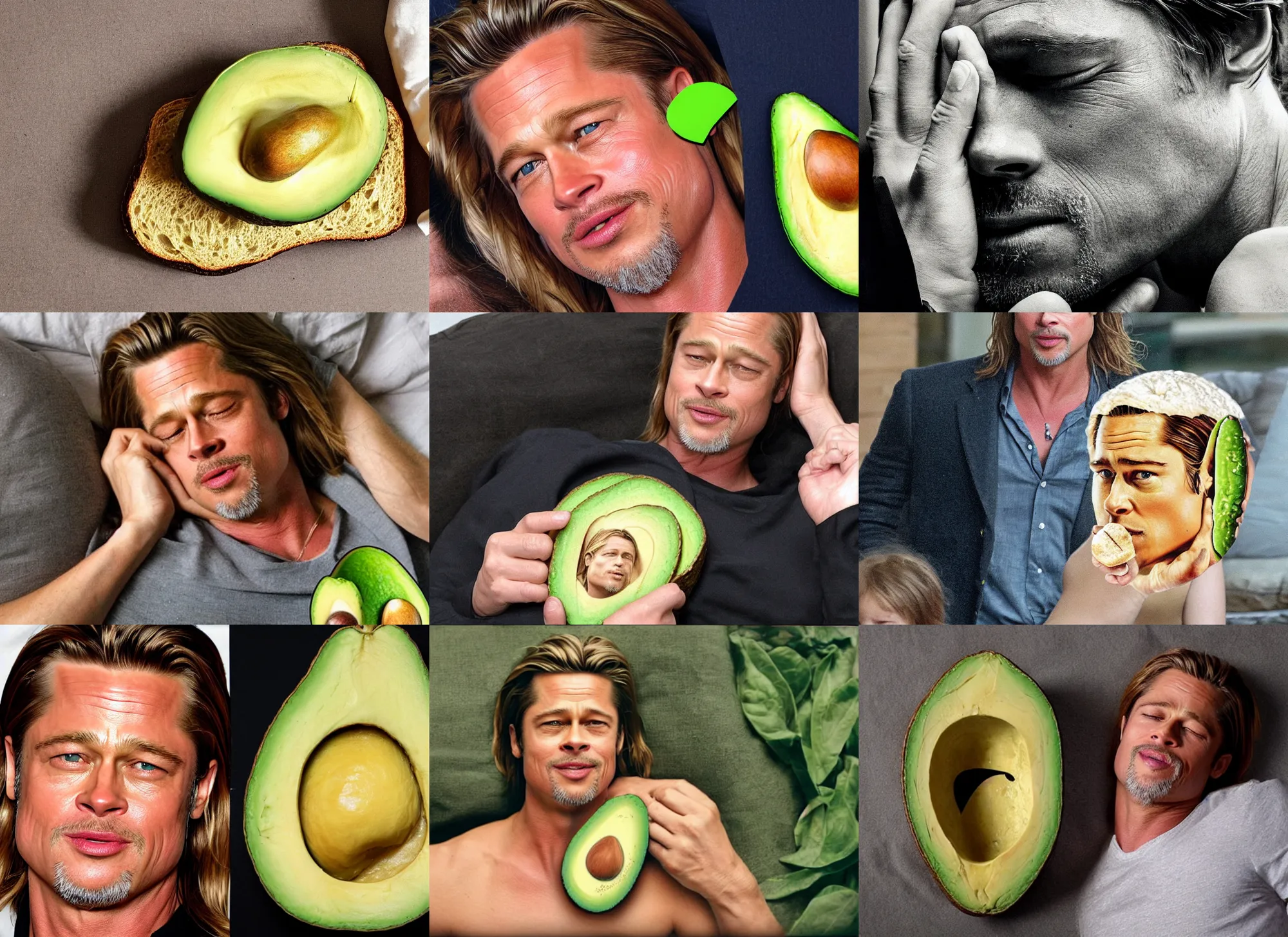 Prompt: the sleeping face of brad pitt in the middle of an avocado in the shape of bread