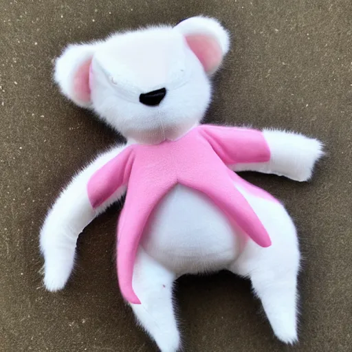 Image similar to a creepy white - and - pink coati plushie made with rough fabric and wearing a shirt