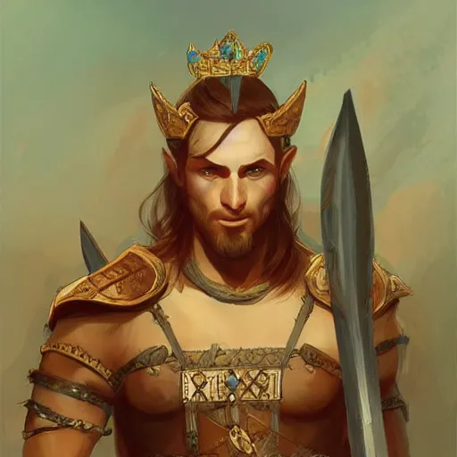 Image similar to half - elf male barbarian in vyshyvanka with queen crown, detailed illustration by peter mohrbacher by marc simonetti on artstation, high fantasy art