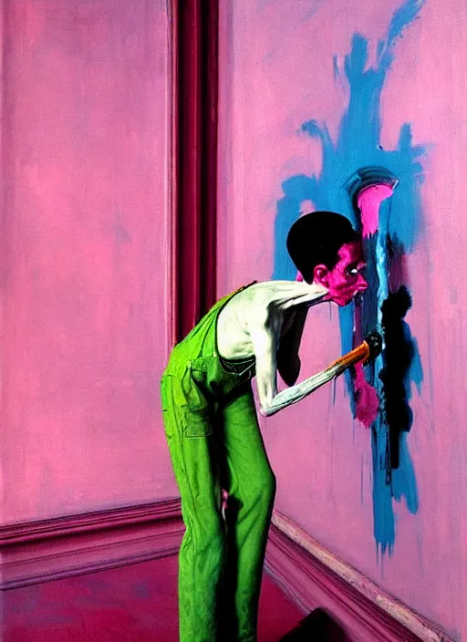 Prompt: a skinny, starving artist wearing overalls, painting the walls inside a grand ornate cathedral, hauntingly surreal, highly detailed painting by francis bacon, edward hopper, adrian ghenie, gerhard richter, soft light 4 k in pink, green and blue colour palette