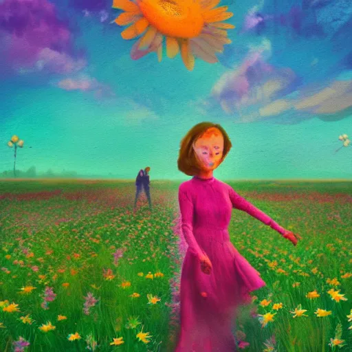 Image similar to daisy flower as a face, girl walking in flower field, holding daisy, surreal photography, sunrise, impressionist painting, colorful clouds, digital painting, artstation, simon stalenhag, flower face