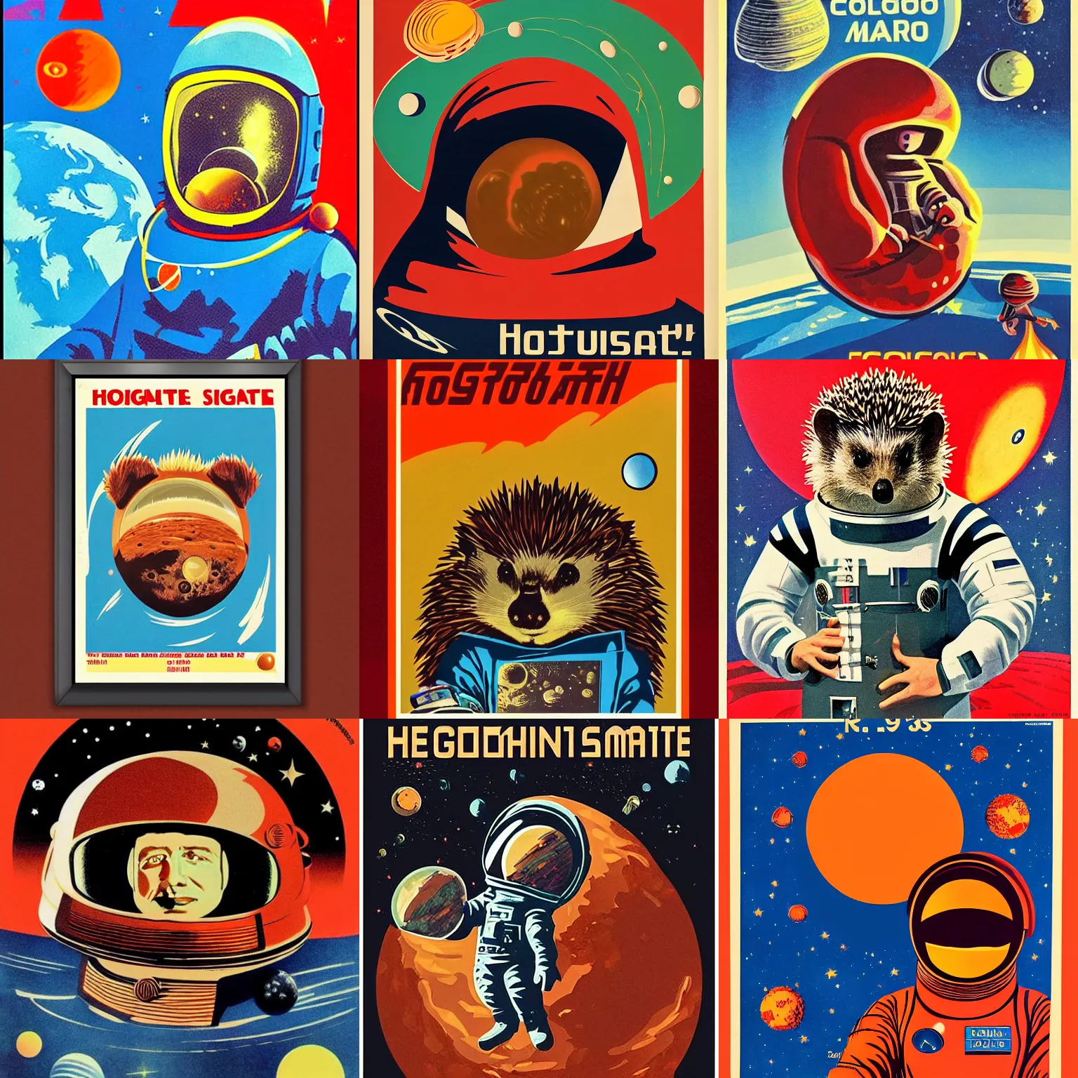 Prompt: Hedgehog cosmonaut portrait, planet mars, 60s poster, 1966 Soviet