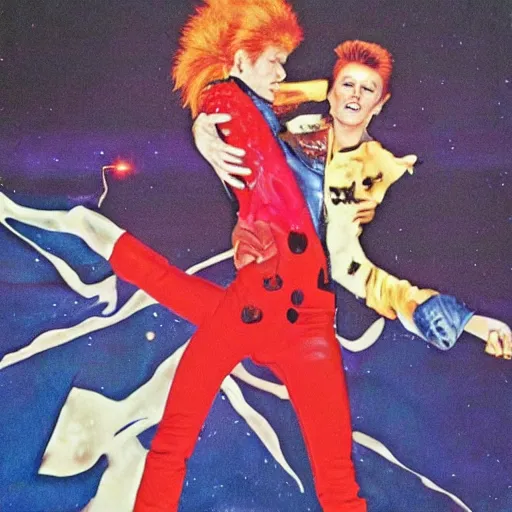 Prompt: david bowie giving a piggy back ride to ziggy stardust. glam rock. cosmic. dean ellis