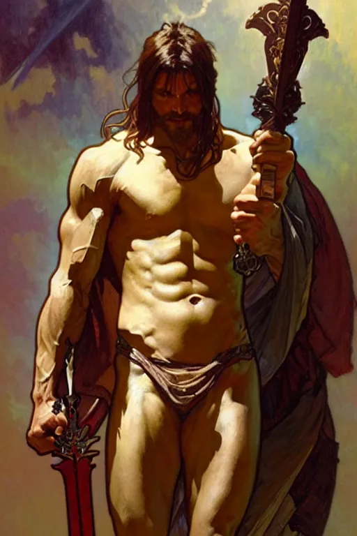 Image similar to A god holding a sword, muscular, fantasy, painting by greg rutkowski and alphonse mucha