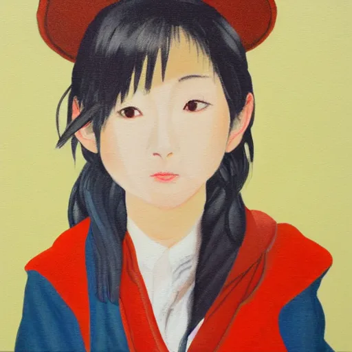 Image similar to a painting of Japanese schoolgirl, clothed, mixed media