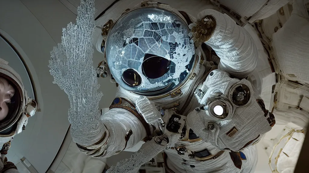 Image similar to a single astronaut eva suit interwoven with diamond 3d fractal lace iridescent bubble 3d skin and covered with insectoid compound eye camera lenses floats through the living room, film still from the movie directed by Denis Villeneuve with art direction by Salvador Dalí, wide lens,