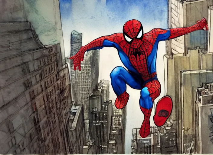 Prompt: two - point perspective landscape of spiderman swinging across manhattan, trending on art station, by kim jung gi, paul heaston, water color, vibrant lighting