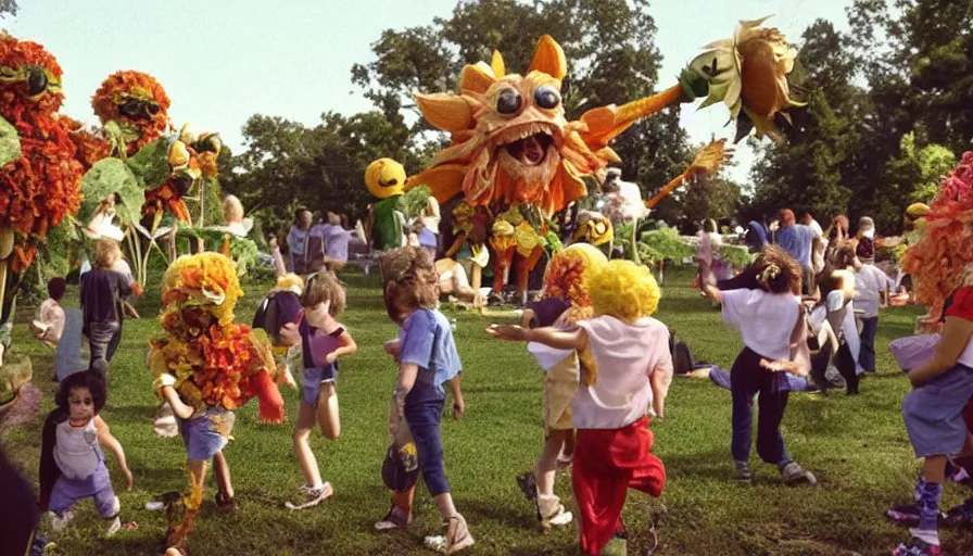 Prompt: 1990s candid photo of a beautiful day at the park, cinematic lighting, cinematic look, golden hour, large personified costumed flower people in the background, Enormous flower people mascots with scary faces chasing kids, kids talking to flower people that are really scary and ruining the day, UHD