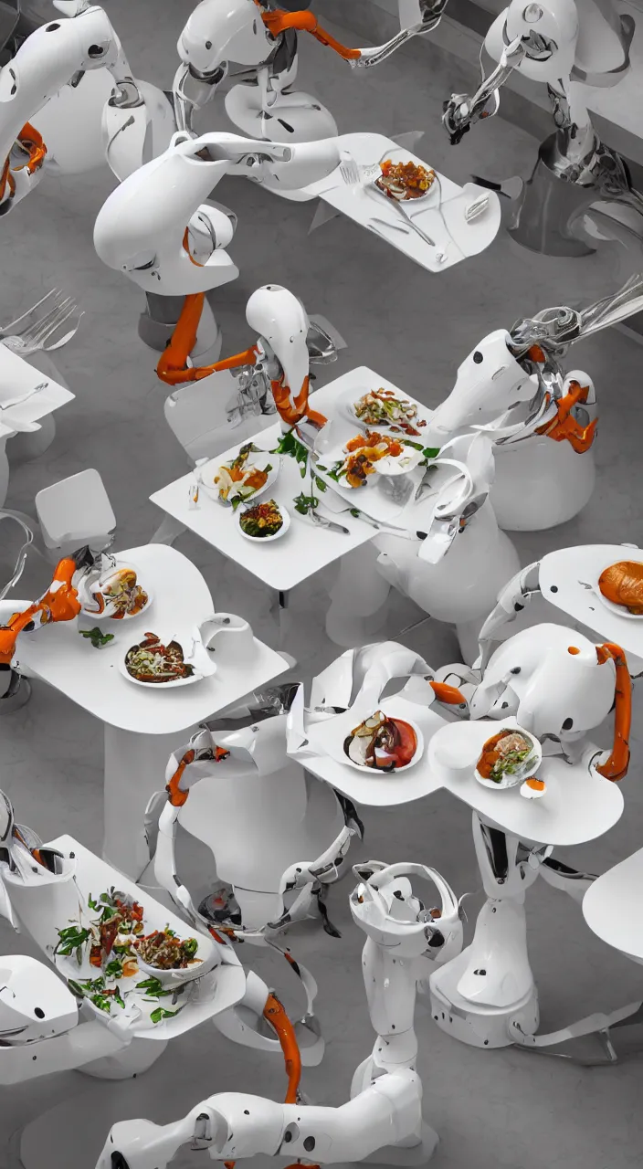 Image similar to three large white glossy kuka industrial robot arms on the floor around a dinner table, the kuka industrial robot arms are wearing bow ties, the table is full of food, they are having dinner inside a fine dining restaurant with mid century modern furniture and decor, global illumination, artstation, fantasy