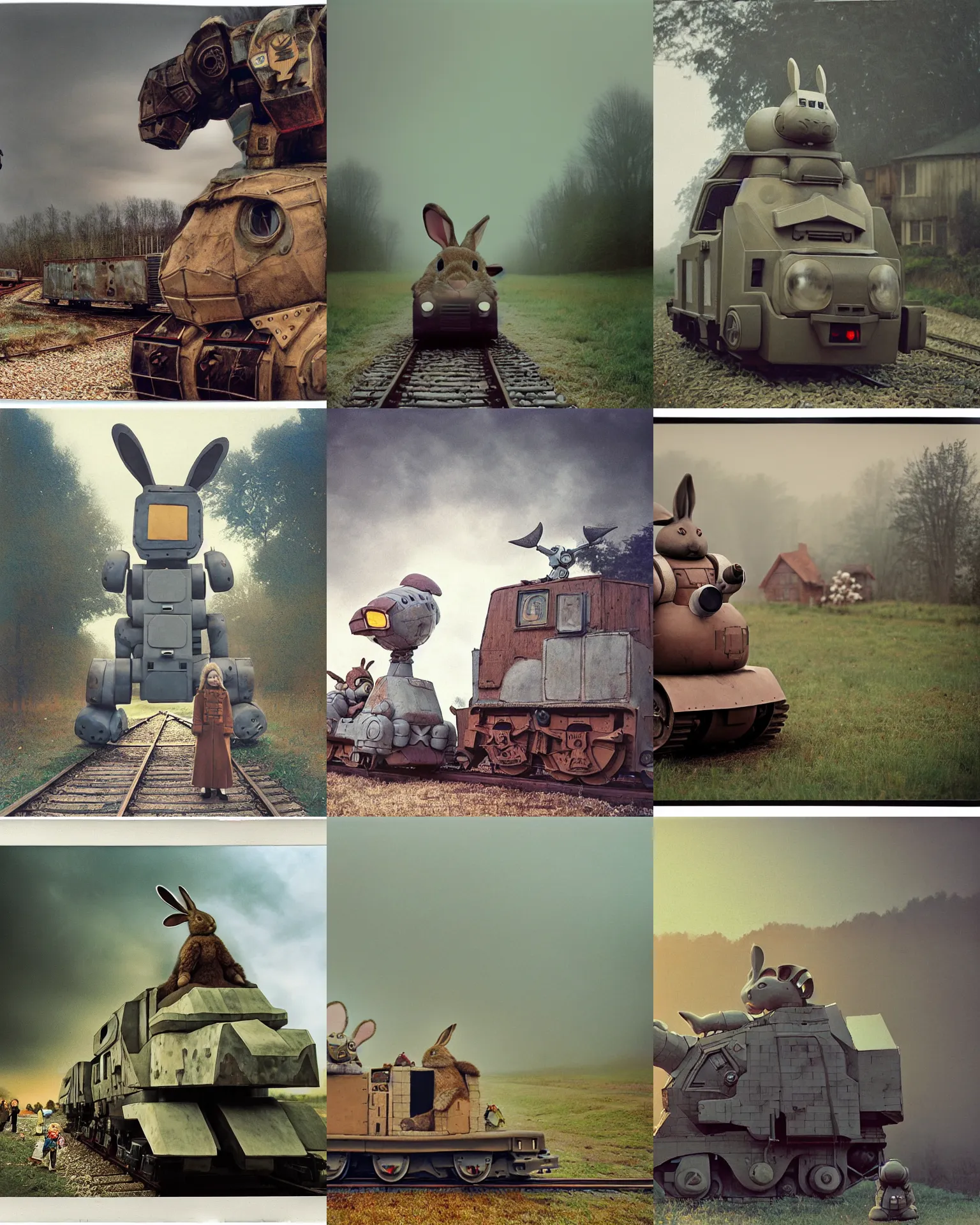 Prompt: giant oversized chubby train armored rabbit robot mech, with big rabbit ears ,on a village , Cinematic focus, Polaroid photo, vintage, neutral colors, soft lights, foggy, panorama by Steve Hanks, by Serov Valentin, by lisa yuskavage, by Andrei Tarkovsky