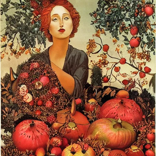 Prompt: Persephone surrounded by pomegranates