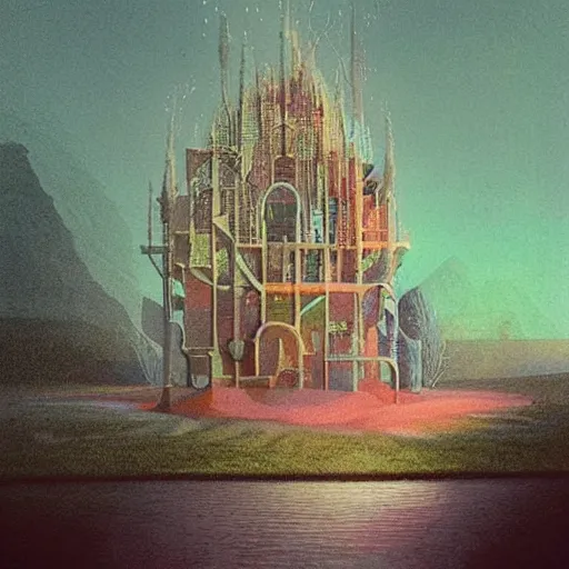 Prompt: a beautiful place. digital artwork by vincent bons, michael whelan, beeple, remedios varo and gerardo dottori. grainy and rough. interesting pastel colour palette. beautiful light. oil and water colour based on high quality render. retro.