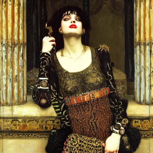 Prompt: Goth girl by Mario Testino, oil painting by Lawrence Alma-Tadema, masterpiece