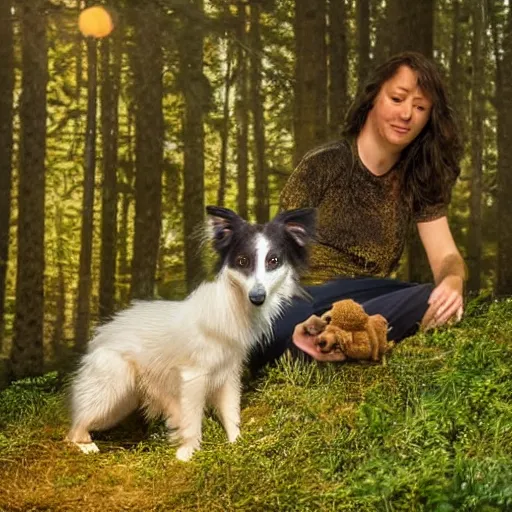 Image similar to a border collie protecting both a human baby and a fledgling who are both in a nest in a forest, beautiful, golden hour, impressionist