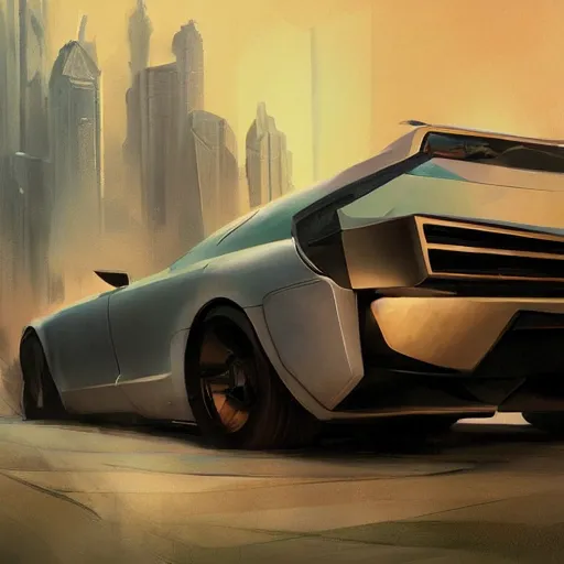 Image similar to full view of a car, elegant, digital painting, concept art, smooth, sharp focus, art style from Wang Ke and Greg Rutkowski and Bruce Kaiser and Scott Robertson and Dmitry Mazurkevich and Doruk Erdem and Jon Sibal, small style cue from Blade Runner and Minority Report and iRobots