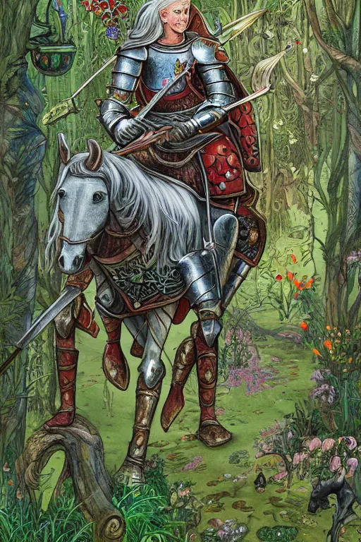 Image similar to medieval knight riding a horse in a magic kingdom overgrown by moss and plants, shiny armor, enchanted forest with fairies, wizards and magic mushrooms in the background, illustrated by james jean, very detailed and colorful and ornamental and floral, comicbook cover