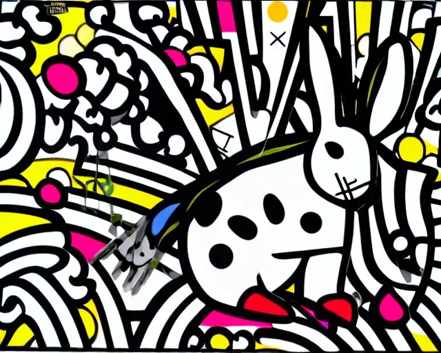 Prompt: a small black and white rabbit, fine art by romero britto