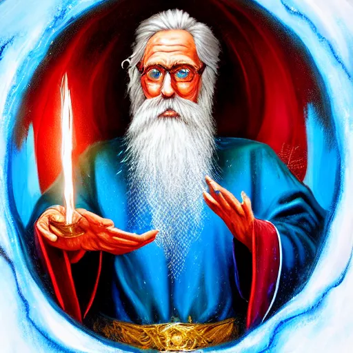 Prompt: a wizard holding an orb of frost in one hand and an orb of fire in the other, blue robes, red background, symmetrical, long white hair, long white beard, realistic painting
