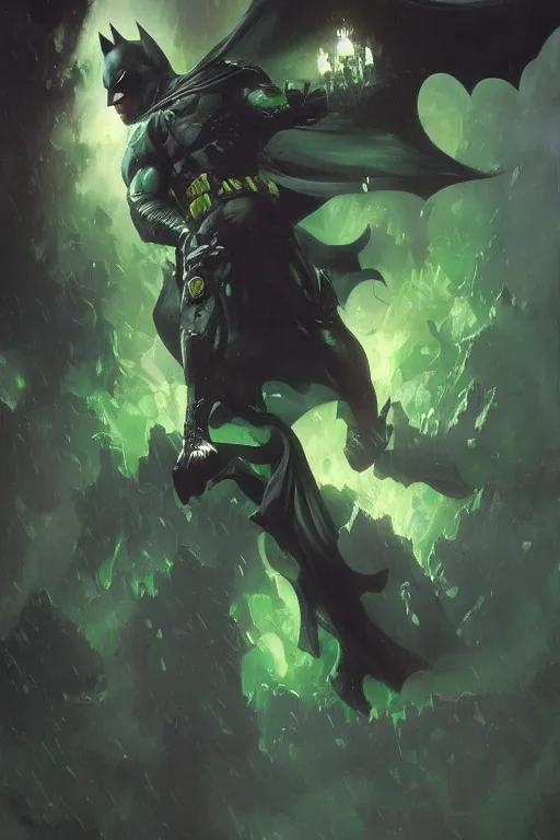 Image similar to angry batman, with dark ghost smokes around, green scary lights, dark fantasy color scheme, gaston bussiere, craig mullins, j. c. leyendecker, cinematic, mysterious, artgem, unreal engine