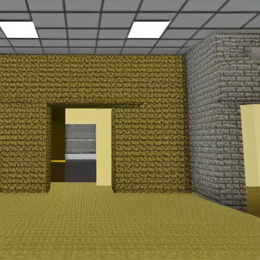 Image similar to empty 9 0 s office building with no windows doors or furniture in minecraft, the building has brown carpet and yellow wallpaper