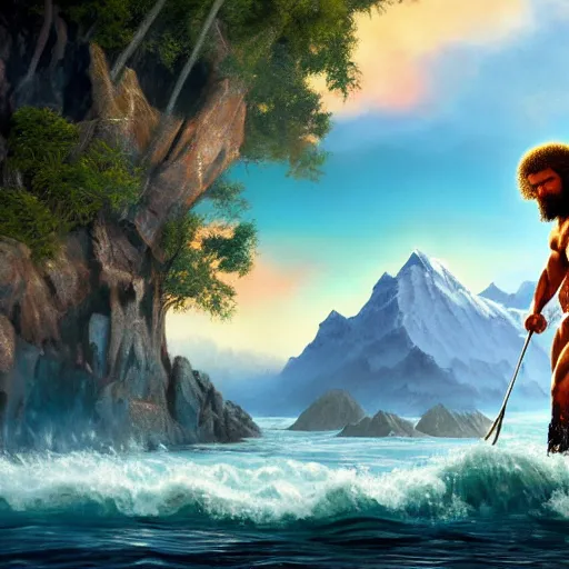 Image similar to a closeup photorealistic photograph of bob ross working on a canvas painting of aquaman. film still. brightly lit scene. mountains and trees. this 4 k hd image is trending on artstation, featured on behance, well - rendered, extra crisp, features intricate detail, epic composition and the style of unreal engine.