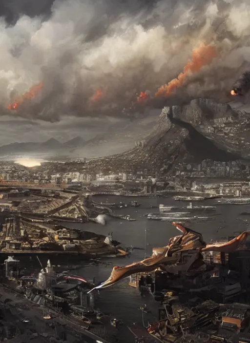 Image similar to hyper realistic squid robot attacking cape town city, table mountain explosions, atmospheric beautiful details, strong composition drawn in ink by kim jung giu weta studio rutkowski, james gurney and greg rutkowski, and lucasfilm