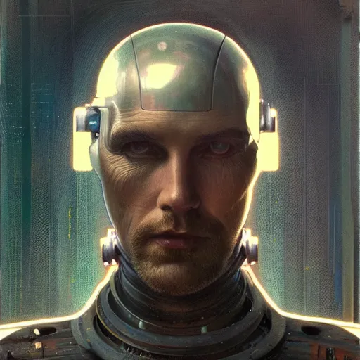 Image similar to portrait of old male android, coy, circuitry visible in head, in the style of ex machina, karol bak, alphonse mucha, greg rutkowski, award winning, hr giger, artstation