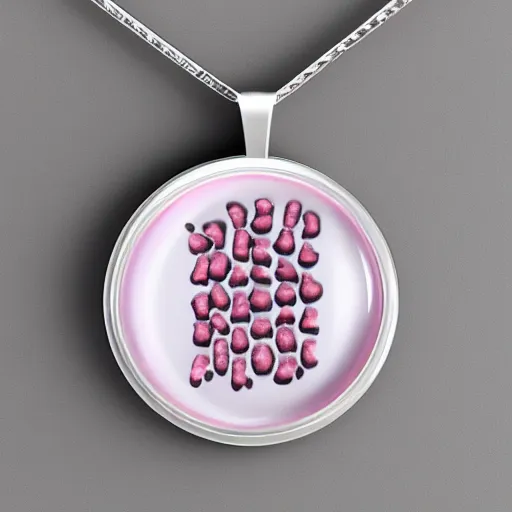 Prompt: bacteria necklace, white mink with big pink neck circle of chromosomes and bacteria matte art cg hd 8k starring at camera symmetrical mink face bacteria chromosomes matte portrait photo cute