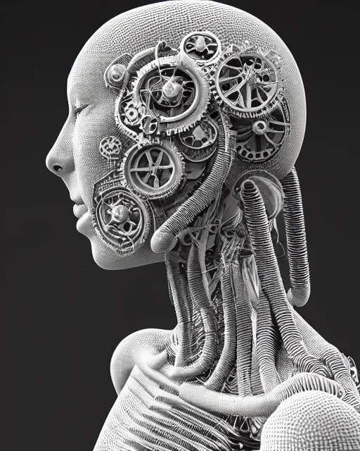 Image similar to mythical black and white organic bio-mechanical spinal ribbed profile face portrait detail of mechanical beautiful female angelic-vegetal-cyborg, highly detailed, intricate steampunk ornate, poetic, 3D render, digital art, octane render, 8K artistic photography, photo-realistic, by Dora Maar