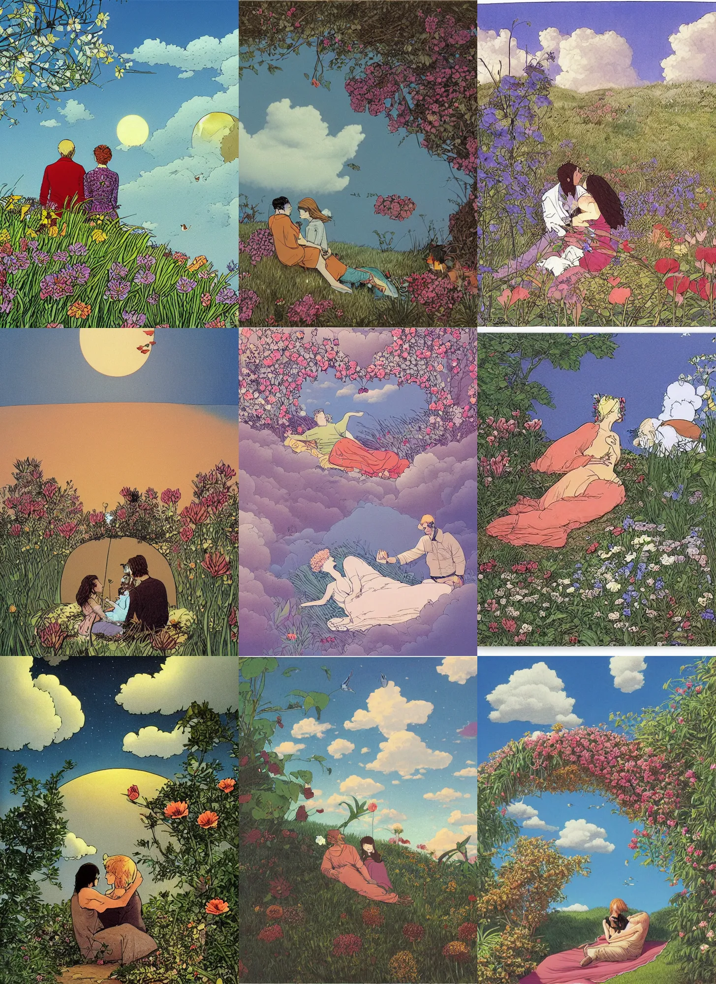 Prompt: picnin scene in nature, couple in love, flowers, clouds, a sleeping cat, by moebius