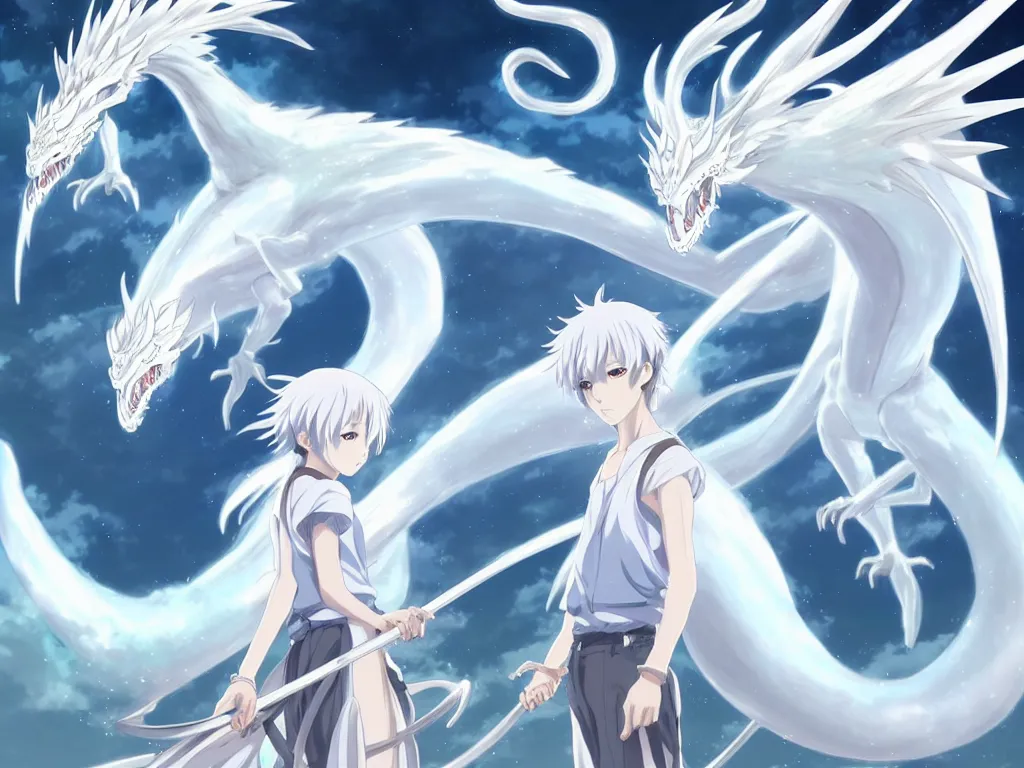 Prompt: anime art full body portrait character concept art, be surrounded by a huge silver white dragon center, in white clouds fairyland, anime key visual of white dragon and girl, finely detailed perfect face delicate, distant, style of raphael lacoste, trending on pixiv fanbox, james jean, studio ghibli, xision, extremely high quality artwork