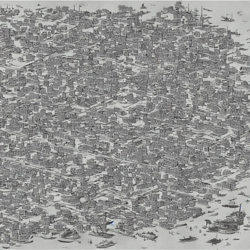 Prompt: a map of a technologically advanced city in a tropical island surrounded by water with a few ships stationed around it. architectural illustration, vienna secession
